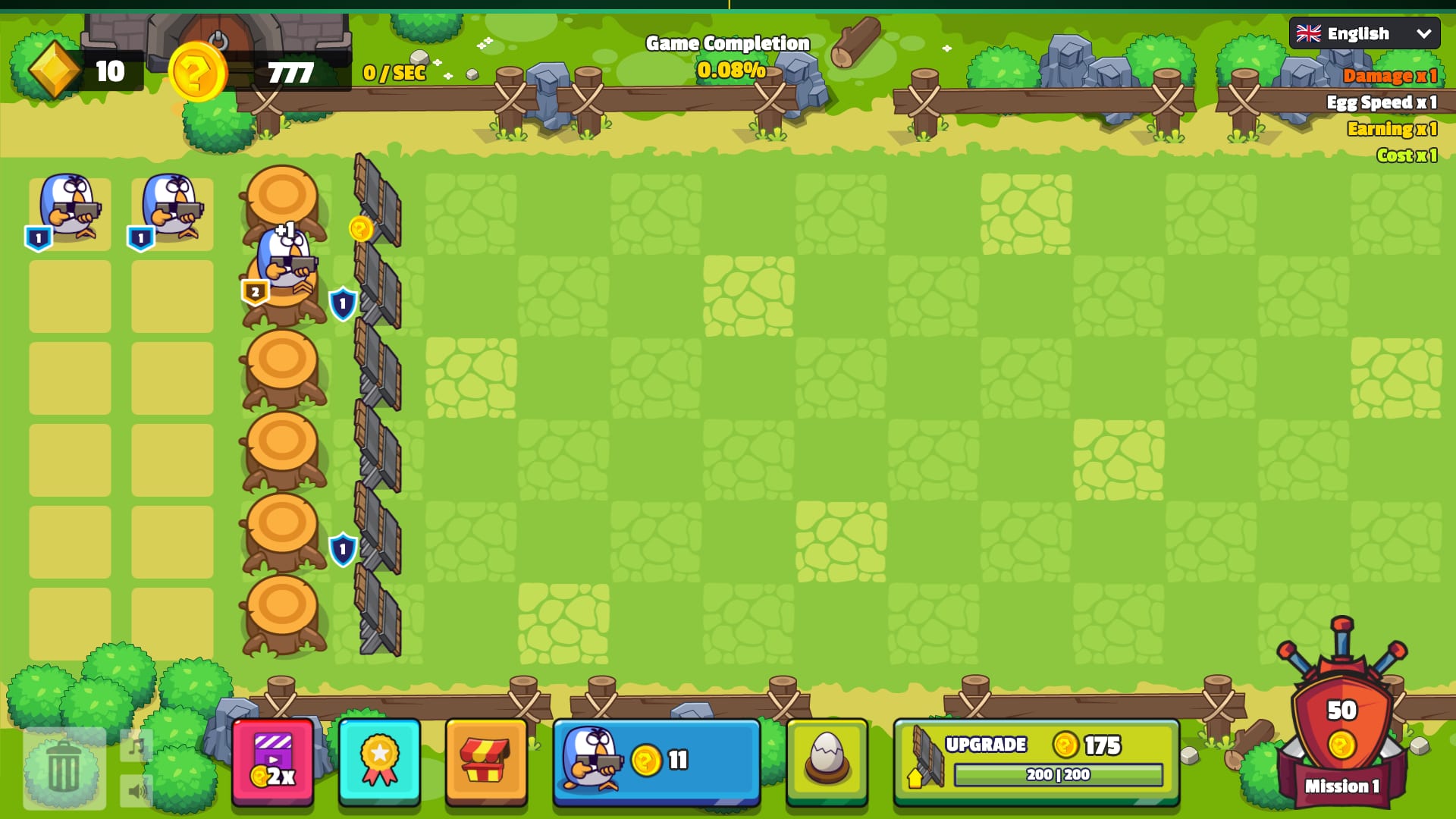 Chicken Merge gameplay — the base with the first shooter chickens lined up behind the fence