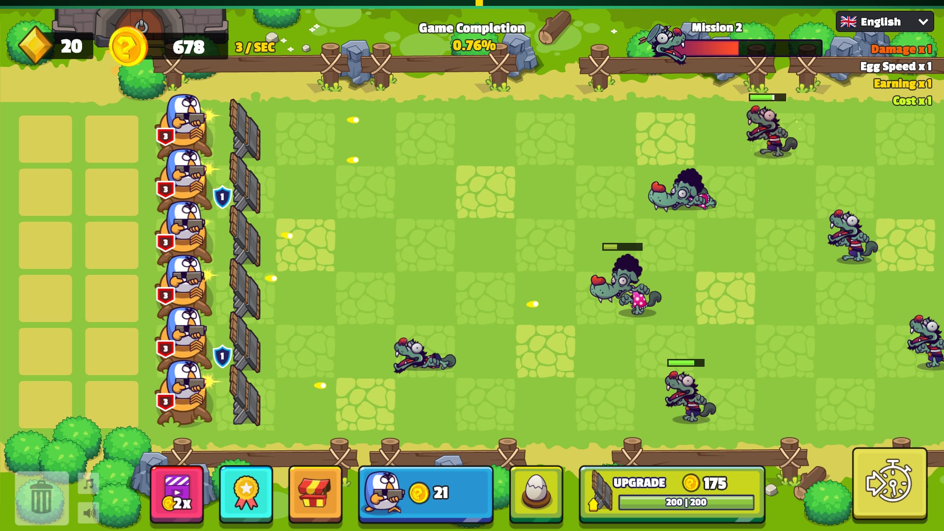 Chicken Merge — mission 2: zombies advance on the fence while the chickens hold the line