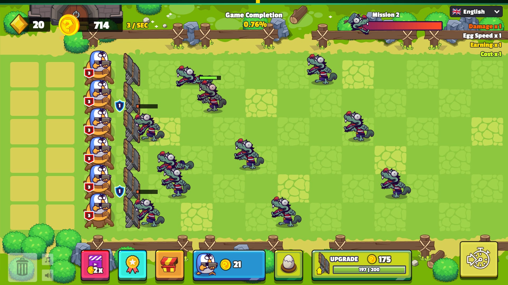Chicken Merge — a full enemy wave attacking as upgraded chickens fire back from the wall